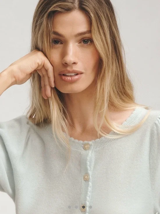 NWT Maeve Cashmere Pale Blue Puff Sleeve Button-Down Top - Picture 2 of 4